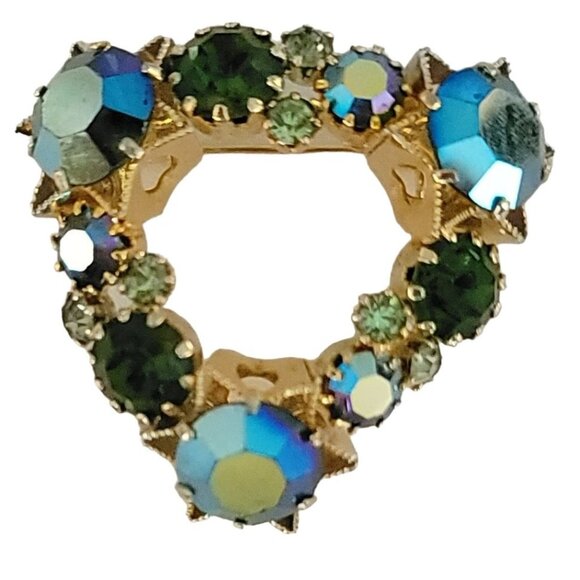 Signed Austria Gold Tone Blue Green Rhinestone Heart Brooch M469 - Picture 9 of 9